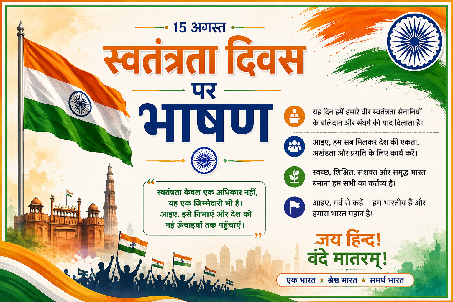 Read more about the article स्वतंत्रता दिवस पर ‘देश प्रेम और राष्ट्र निर्माण’ के विषय पर भाषण
